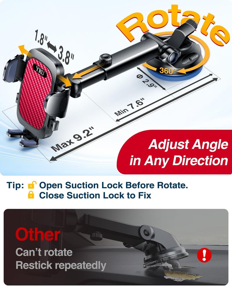 YRU True Military-Grade [360° Rotation Suction] 2026 Ultimate Car Phone Holder Mount 【90+LBS Safest Strongest & Patent Certs】 Dashboard Windshield Vent for iPhone 17 16 Pro Max Samsung, Red - Image 4